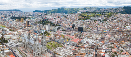 Drone aerial view of Basilica del Voto Nacional in the old town of Quito, Ecuador	