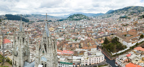 Drone aerial view of Basilica del Voto Nacional in the old town of Quito, Ecuador 