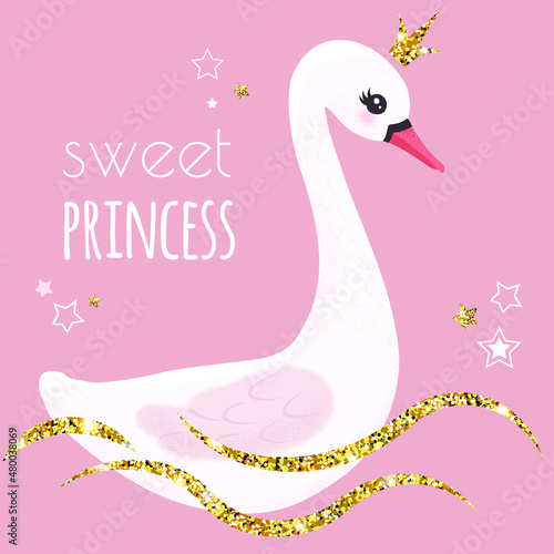 Fototapeta Naklejka Na Ścianę i Meble -  Sweet princess swan with stars on pink background. Cartoon hand-drawn vector illustration. Can be used for fashion print design, baby shower invitations, posters.
