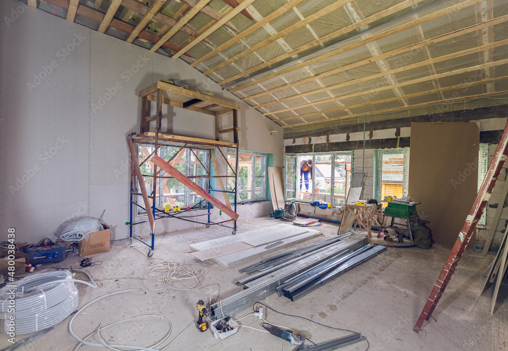Working process of renovate room with installing drywall with ... - Textured Apartment Renovation And Construction Process
