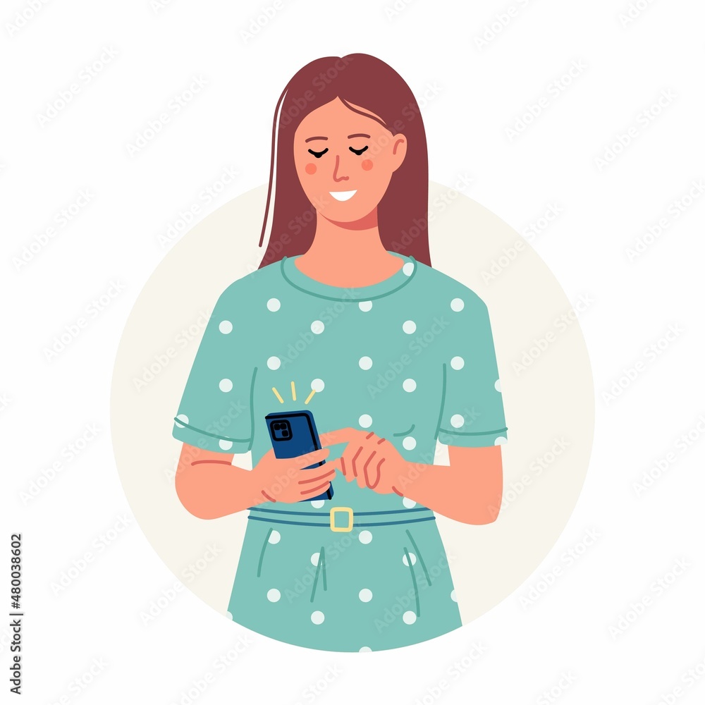 Young woman in green dress is using smartphone, chatting or talking. Happy girl is looking on the phone. Flat cartoon illustration. Young woman in green dress is using smartphone, chatting or talking. Happy girl is looking on the phone. Flat cartoon illustration.