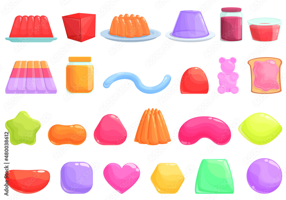 Jelly icons set cartoon vector. Confectionery dessert. Frozen gelatin Stock Vector | Adobe Stock Jelly icons set cartoon vector. Confectionery dessert. Frozen gelatin Stock Vector | Adobe Stock