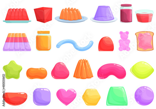 Jelly icons set cartoon vector. Confectionery dessert. Frozen gelatin