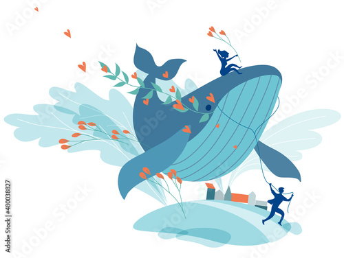 Man rides his beloved woman on flying whale. Valentines day card.