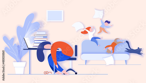 Overworking tired mother sleeping on table at home while her children active play.