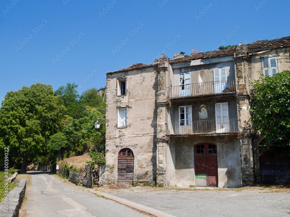 Fototapeta premium Traditional stone houses in Moita, a dreamy hilltop village nestled in the mountains of Castagniccia, Corsica, France.