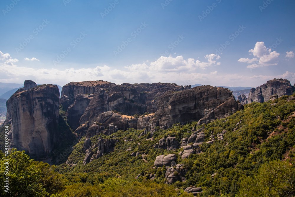 Beautiful scenic and breathtaking view of valley and landmark canyon of Meteora rock formations, Kalambaka, Greece.