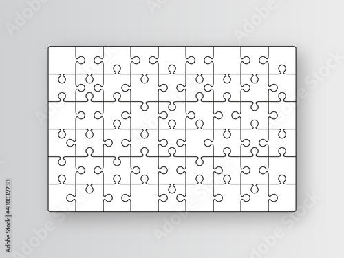 Puzzle pieces. Jigsaw grid. Thinking mosaic game with 6x9 shapes. Simple background with 54 separate details. Laser cut frame. Vector illustration.