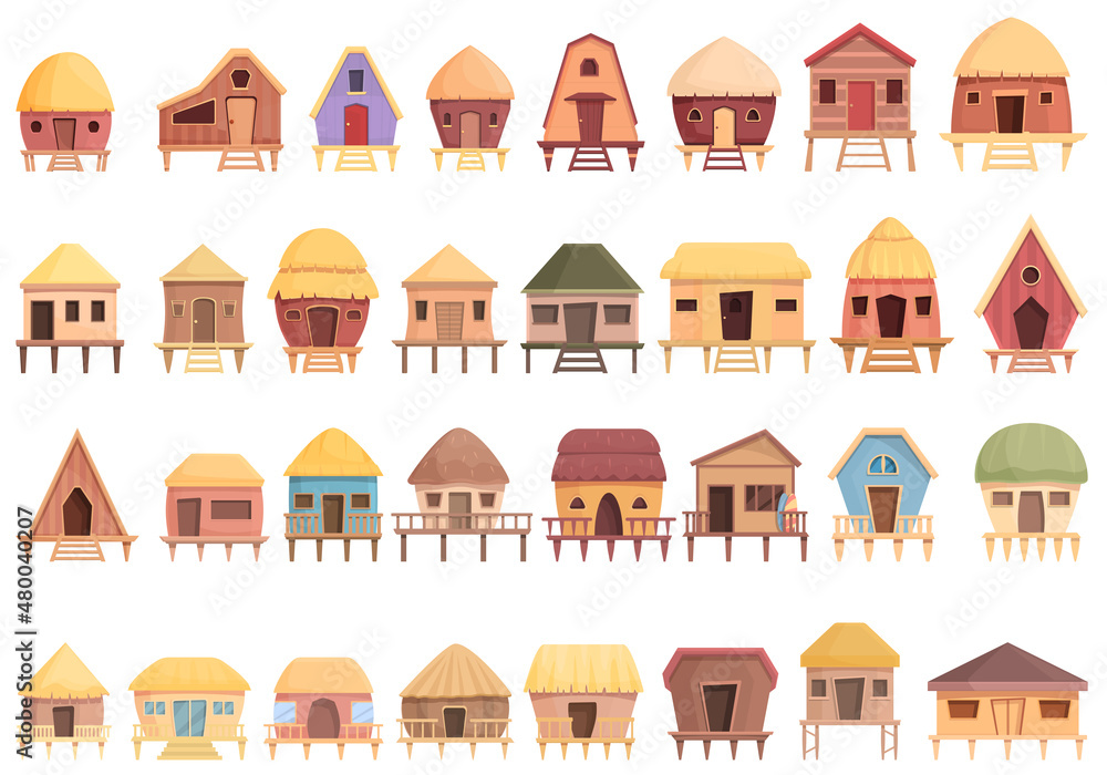 Εκτύπωση καμβά Bungalow icons set cartoon vector