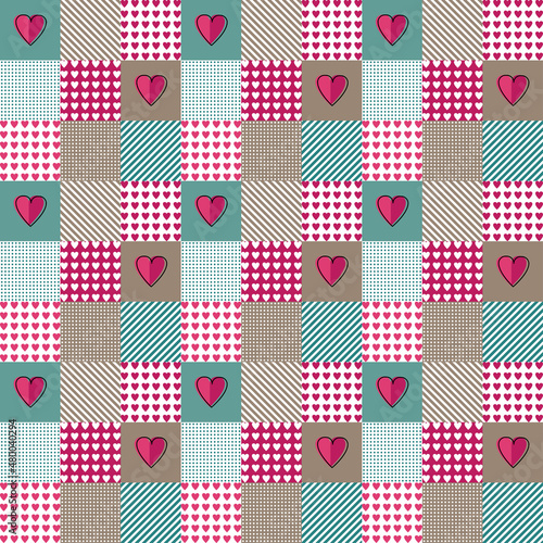 Blue and pink pattern patchwork heart valentine in retro style on white background. Vector seamless tribal pattern. Modern geometric abstract.