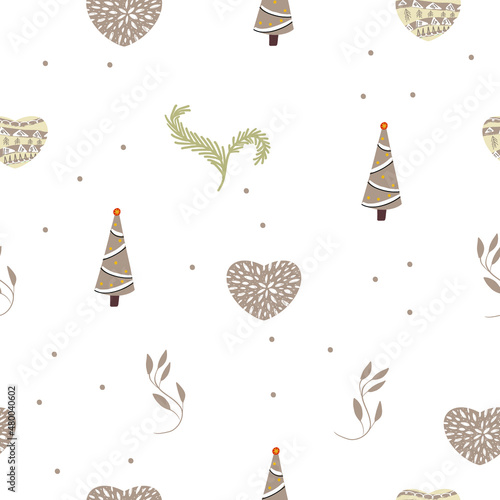 Seamless pattern pastel beige, with a decorative abstract heart in the Scandinavian style hygge, hugge, with elements of nature, herringbone.