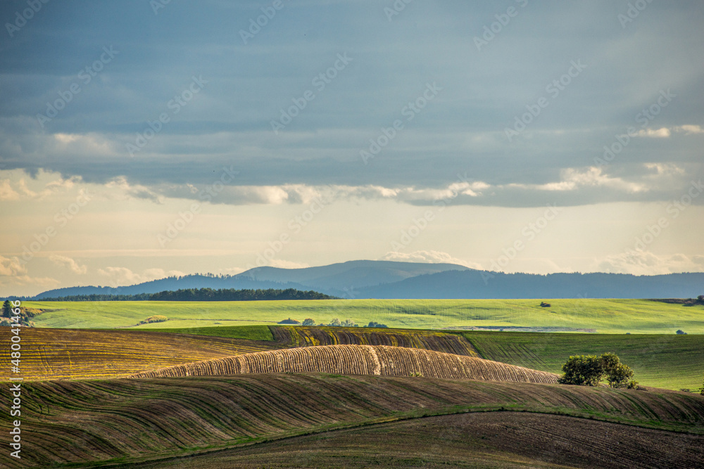 landscape with  fields, sky, and mountains, autumn, Turiec, Slovakia, Europe
