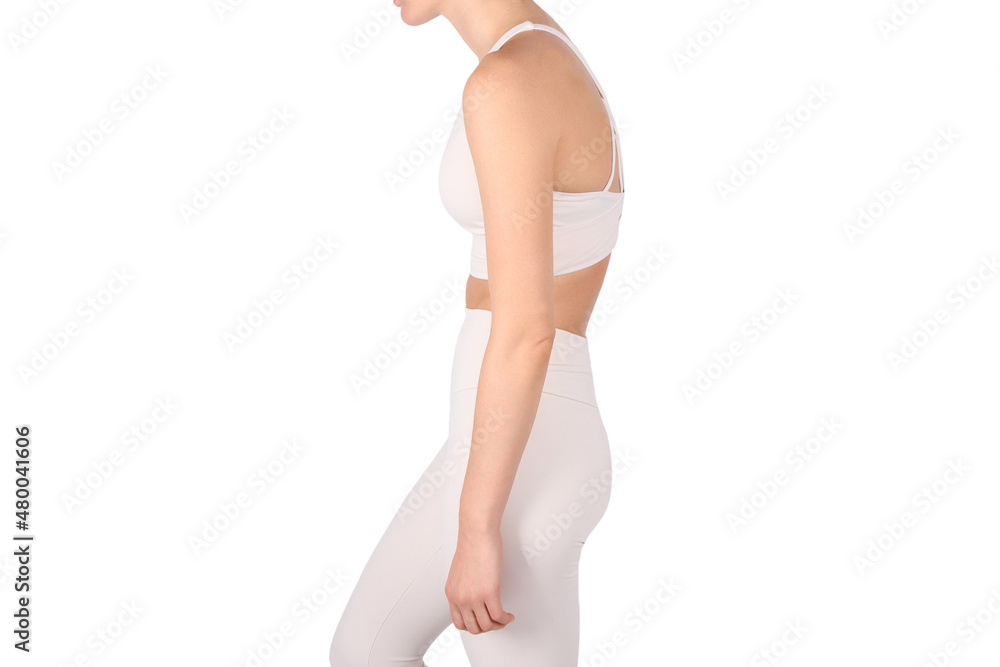 A woman with an impaired posture, scoliosis defect and an ideal bearing. Girl with bad posture on white background. - obrazy, fototapety, plakaty 