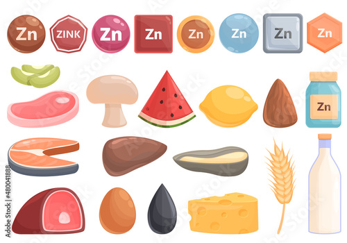 Zinc icons set cartoon vector. Mineral suplement. Vitamin food