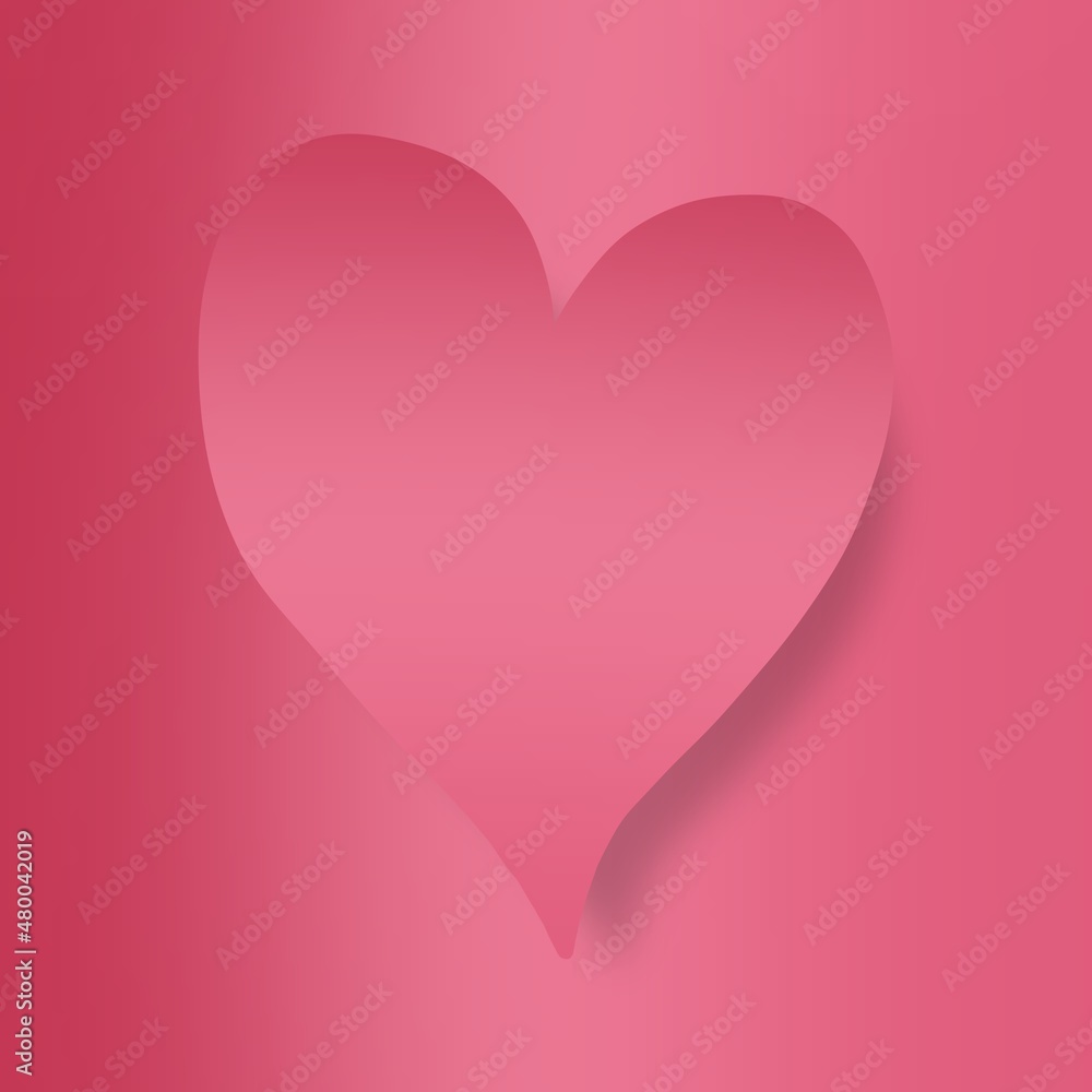 Valentines Day greeting love card, shape of a heart. Pink red gradient background. Copy space for your own text. Send to your darling or best friend.