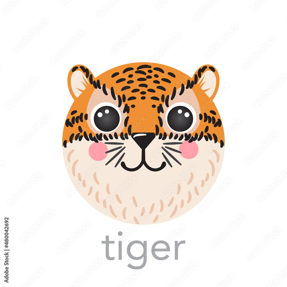 Tiger Cute portrait with name smiley cartoon round shape animal, isolated vector icon illustrations on white background. Flat simple hand drawn for ui, app, kids poster, cards, t-shirts, baby clothes