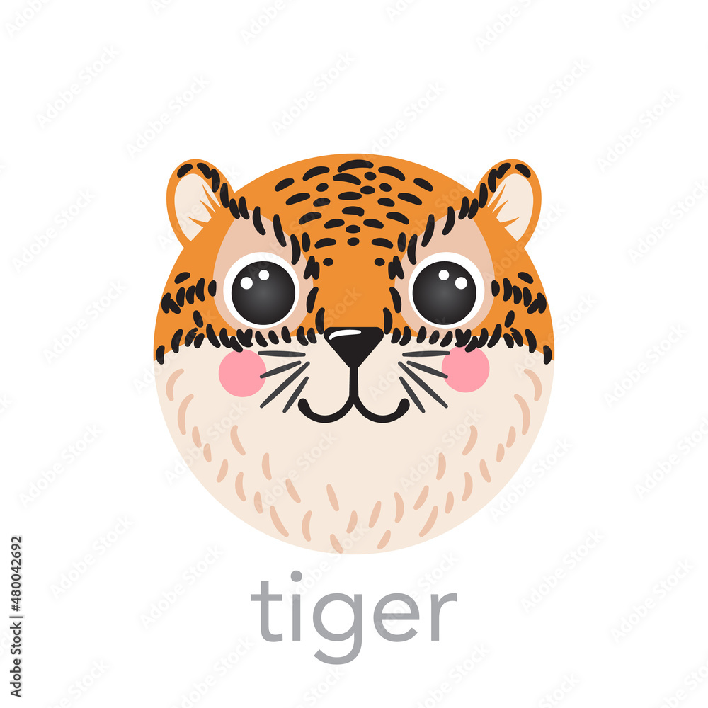 Tiger Cute portrait with name smiley cartoon round shape animal, isolated vector icon illustrations on white background. Flat simple hand drawn for ui, app, kids poster, cards, t-shirts, baby clothes Tiger Cute portrait with name smiley cartoon round shape animal, isolated vector icon illustrations on white background. Flat simple hand drawn for ui, app, kids poster, cards, t-shirts, baby clothes
