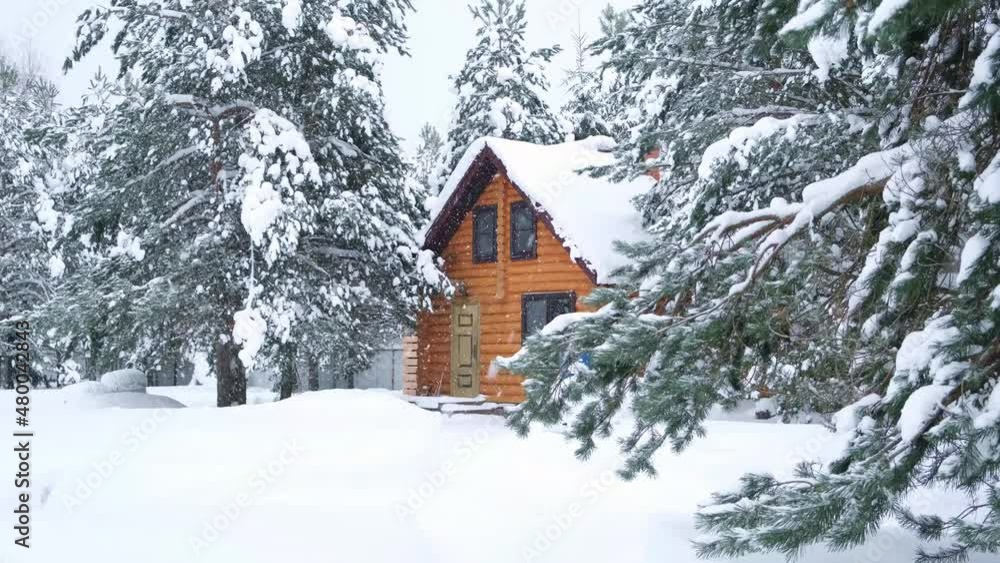 Rustic log house, snow-covered pine trees, big snowdrifts, snowing. Rural beautiful winter landscape. Non-urban scene. New Year, Christmas. 4k, slow motion. Rent of suburban real estate. Rustic log house, snow-covered pine trees, big snowdrifts, snowing. Rural beautiful winter landscape. Non-urban scene. New Year, Christmas. 4k, slow motion. Rent of suburban real estate.