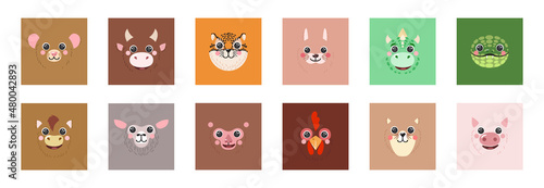 Animals Square faces Set Chinese Zodiac Twelve Signs portraits Icons Cute cartoon illustration flat vector avatars rat, ox, tiger, rabbit, dragon, snake, horse, goat isolated for UI, app, kids poster