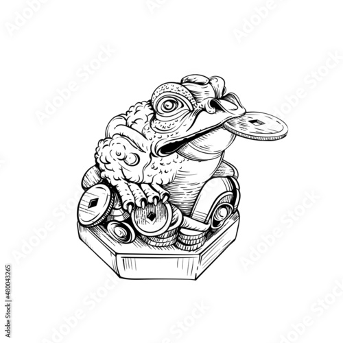 Money frog isolated on white, vector sketch. The three-legged toad is a symbol of Chinese cultureFeng shui