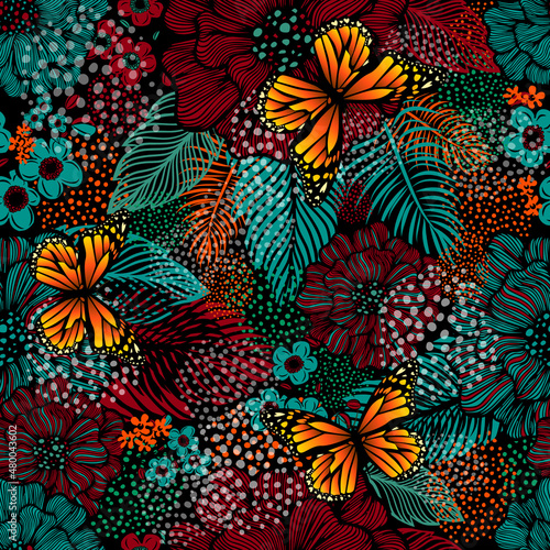 Seamless background from multicolored flowers and butterflies. Vector illustration