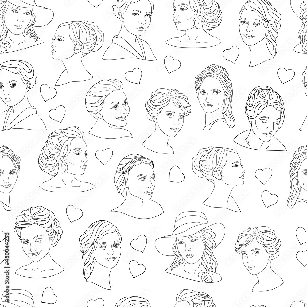 Seamless pattern with portraits of girls and hearts for Valentine's Day, coloring page Seamless pattern with portraits of girls and hearts for Valentine's Day, coloring page