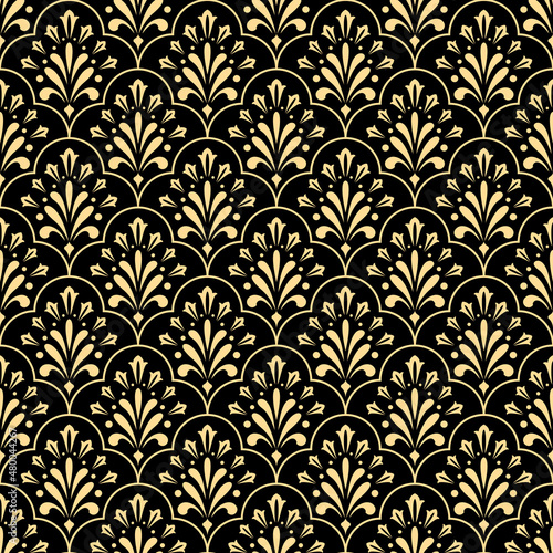 Flower geometric pattern. Seamless vector background. Gold and black ornament. Ornament for fabric  wallpaper  packaging. Decorative print