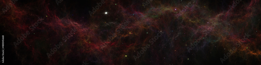Obraz premium Space background with star dust and gas clouds. Fractal 3d illustration. Panoramic space galaxy nebula map. 