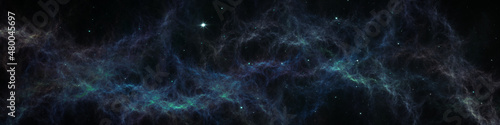 Space background with star dust and gas clouds. Fractal 3d illustration. Panoramic space galaxy nebula map. 
