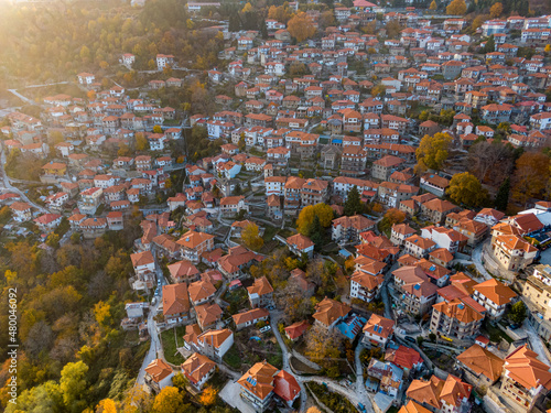 drone view of iconic village of Metsovo with traditional house, Epirus, Greece in sunset time