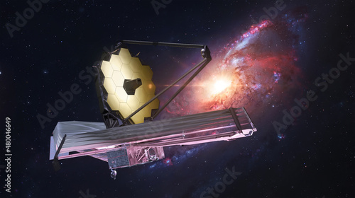 JWST in outer space. James Webb telescope far galaxy explore. Sci-fi space collage. Astronomy science. Elemets of this image furnished by NASA