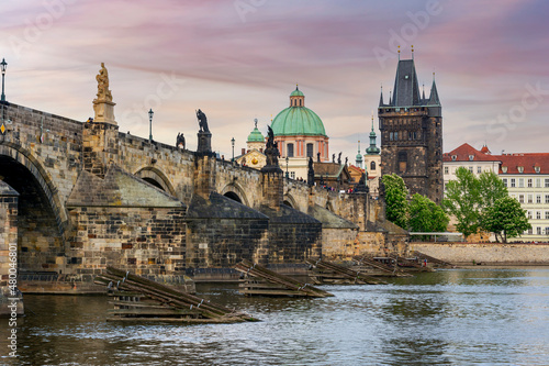 Prague cityscape with Old Town Bridge Tower and Charles bridge over Vltava river, Czech Republic