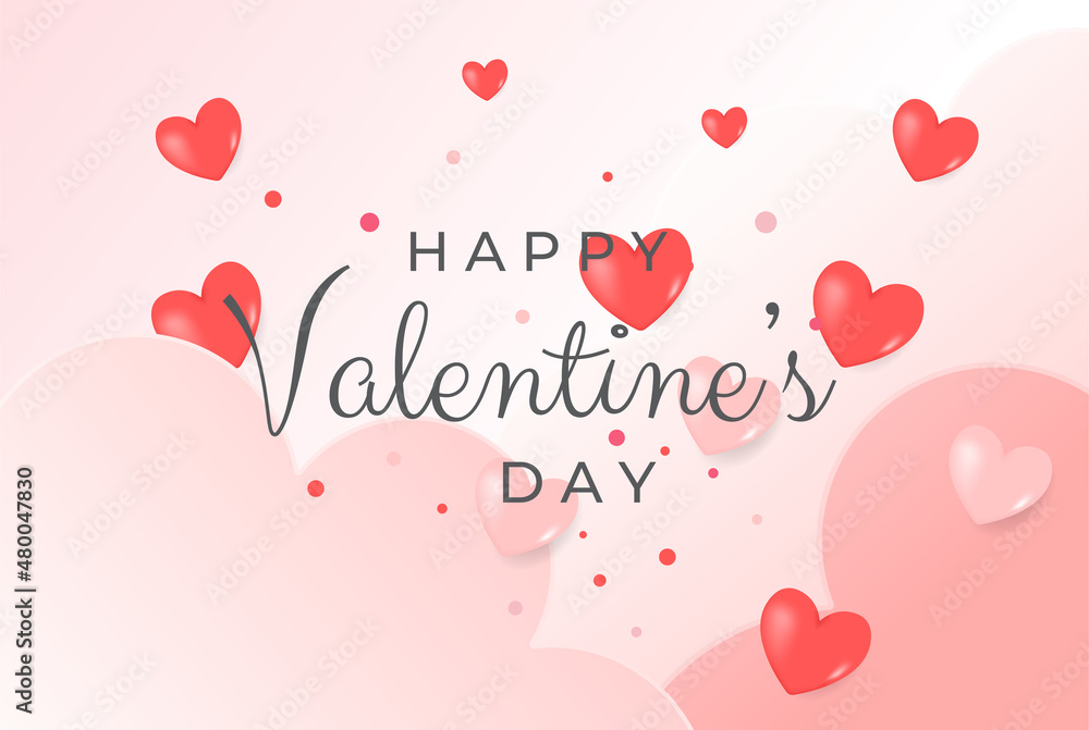 Happy Valentine's day backgound with cute realistic hearts. Day of love. Cover, banner, background for web