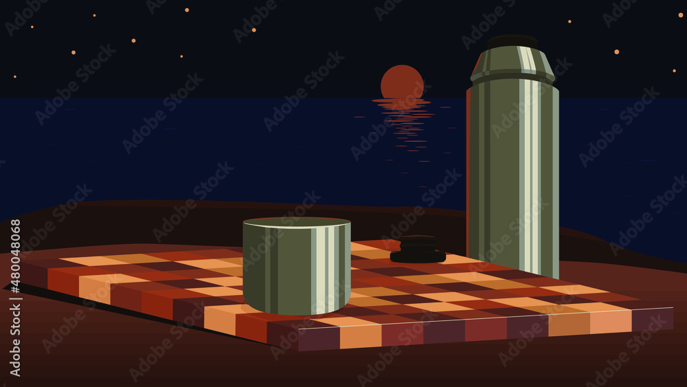 Rest On The Shore. Thermos With Hot Tea Or Coffee On The Seashore Or Ocean Late At Night Or At Dawn Rest On The Shore. Thermos With Hot Tea Or Coffee On The Seashore Or Ocean Late At Night Or At Dawn