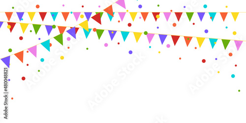 Festive background with color flags garland. Decoration element for celebration, carnaval, birthday party. Vector illustration
