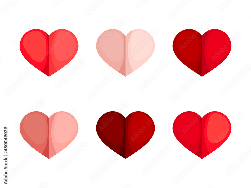 Set of red and pink hearts isolated on a white background. Valentine’s Day symbols of love. Vector illustration.