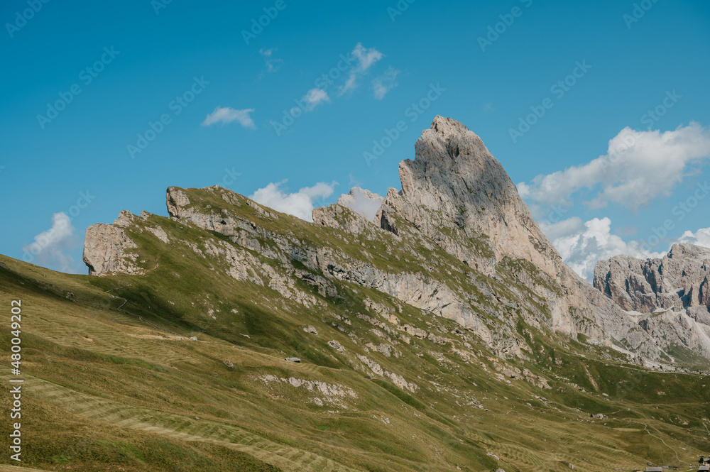 Scenic landscape view of Secede mountain range in South Tyrol, Bolzano, Italy. Popular travel destination in Europe. 