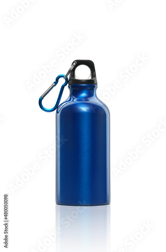 Front view of blue metal water bottle isolated on white background with copy space