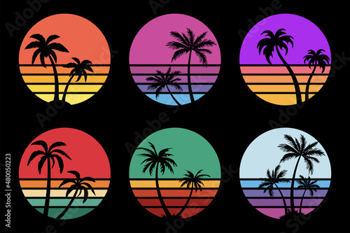 Retro sunset with palm tree silhouette collection. Vector retrowave elements