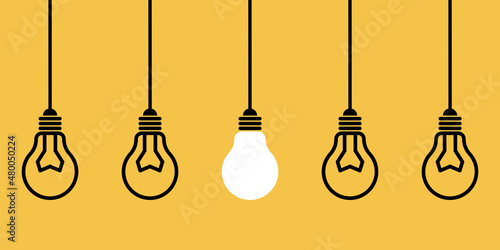 Idea concept vector illustration. Hanging lightbulbs. Inspiration and creativity
