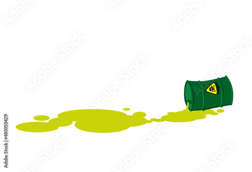 Ecological accident. Toxic substance leakage. Barrel with chemical. Vector image for prints, poster and illustrations.