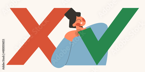 Fact checking woman with myth vs truth check mark. False and fake against true right source. Make choice. Analysis concept with character flat vector cartoon illustration isolated on white background