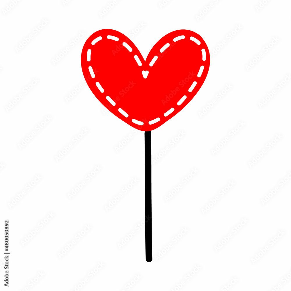 Candy on a stick in the shape of a heart. Romantic icon for Valentine's Day. Vector illustration