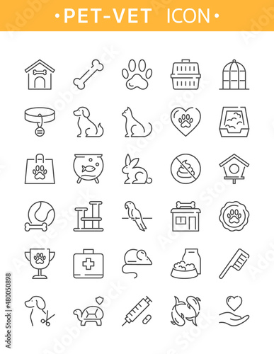 Pet icon. Vector set of thin line pet and veterinary icons with dog, cat, bird, turtle, rabbit, puppy, fish, animal toys. Outline collection for web design, logo, banner, pet shop, veterinary clinic.