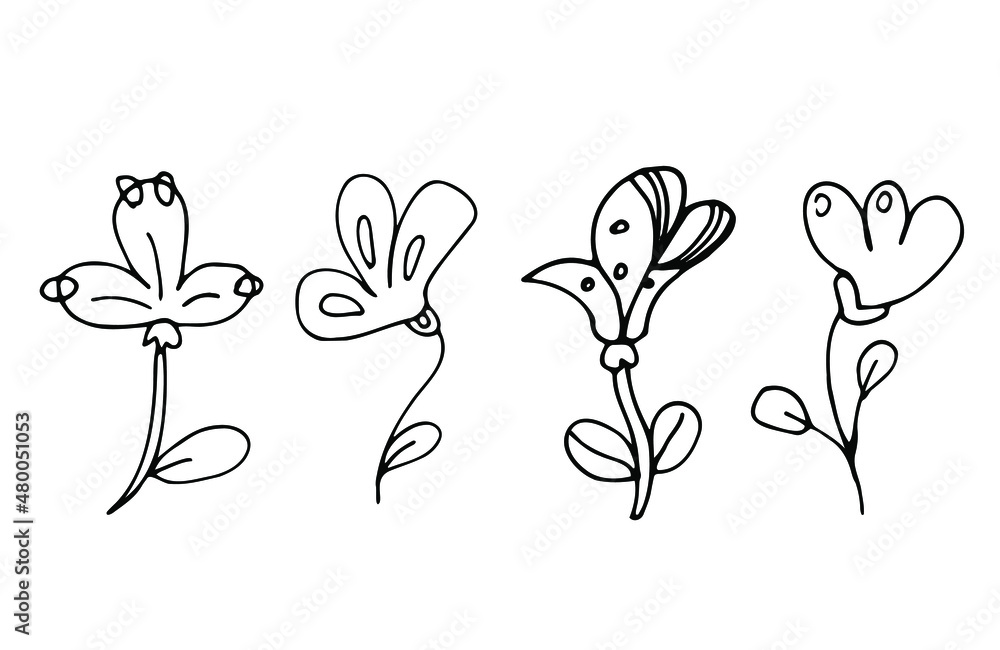 Hand drawn vector set of abstract line flowers. Black and white flowers Hand drawn vector set of abstract line flowers. Black and white flowers