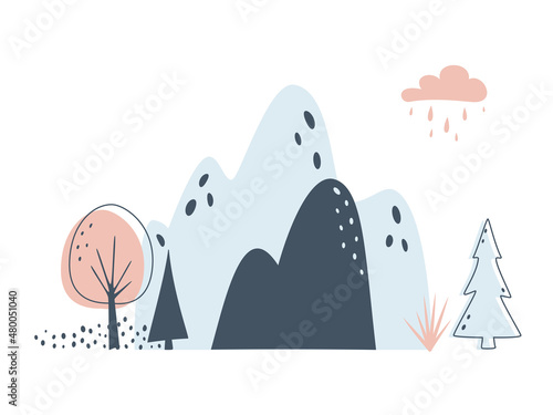 Minimalistic card with mountains, fir-trees and cloud on white background. Travel or nature concept. Nothern landscape in limited colours. Vector illustration