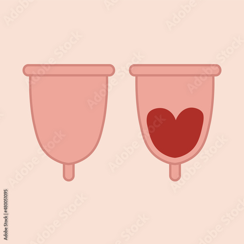 Menstruation hygiene Female period products-reusable menstrual cup with menstrual blood. Feminine menstrual care illustration.Menstrual period. Feminism.Gender equality.Vector graphics