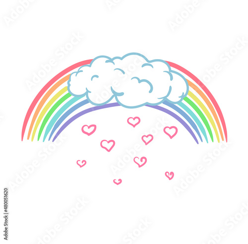 Cloud with a rainbow, it's raining from hearts. Drawing in pastel shades in the style of doodle. Stock vector illustration isolated on white background