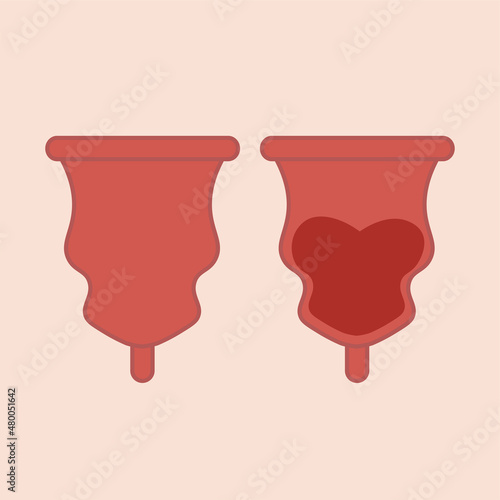 Menstruation hygiene Female period products-reusable menstrual cup with menstrual blood. Feminine menstrual care illustration.Menstrual period. Feminism.Gender equality.Vector graphics