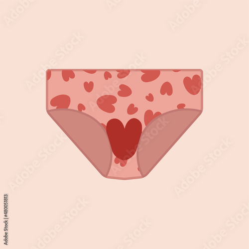 Menstruation hygiene.Female period products -women's panties with menstrual blood in the form of heart. Feminine menstrual care illustration.Menstrual period.Feminism.Gender equality.Vector graphics